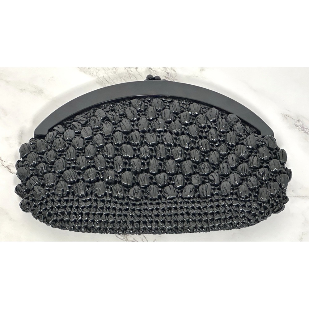 Clutch Women's Black Clutch Straw Kiss Lock Handbag - Picture 12 of 16